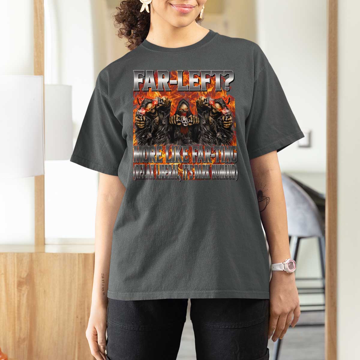 Funny Hard Skeleton Meme Bootleg T Shirt For Women Far Left? More Like Farting - Wonder Print Shop