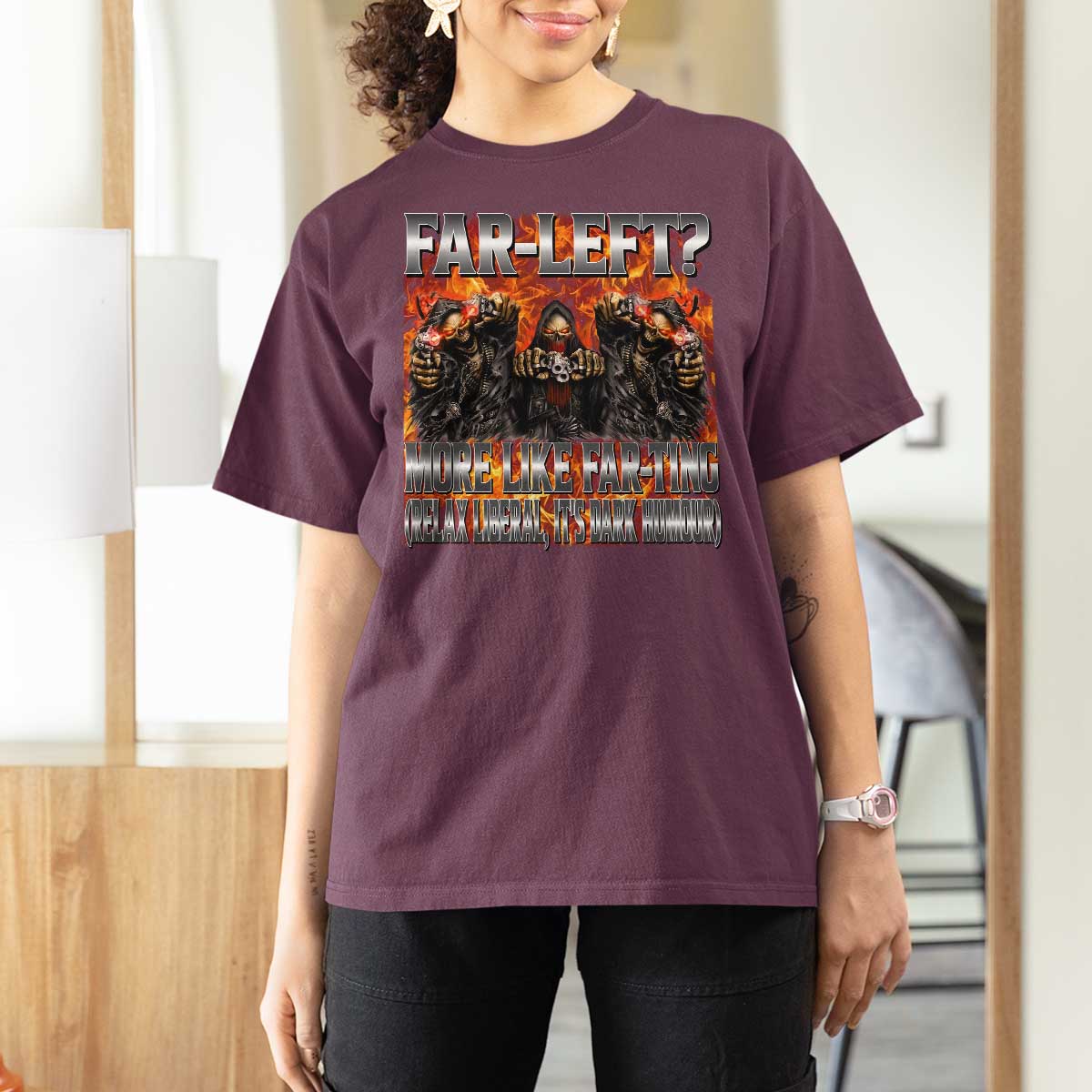 Funny Hard Skeleton Meme Bootleg T Shirt For Women Far Left? More Like Farting - Wonder Print Shop