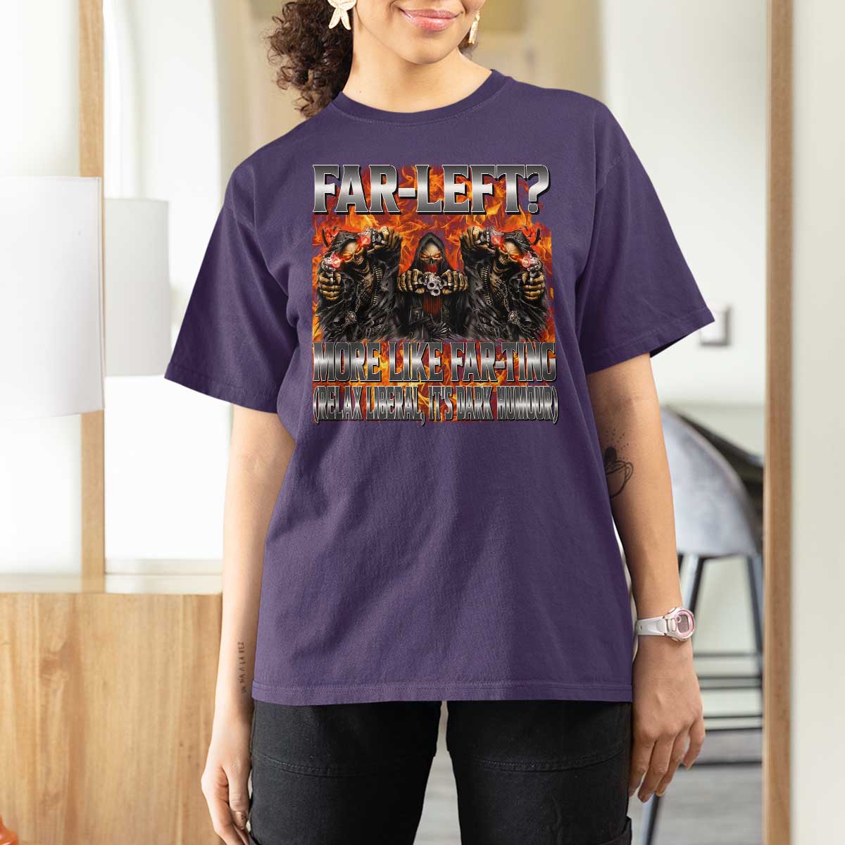 Funny Hard Skeleton Meme Bootleg T Shirt For Women Far Left? More Like Farting - Wonder Print Shop