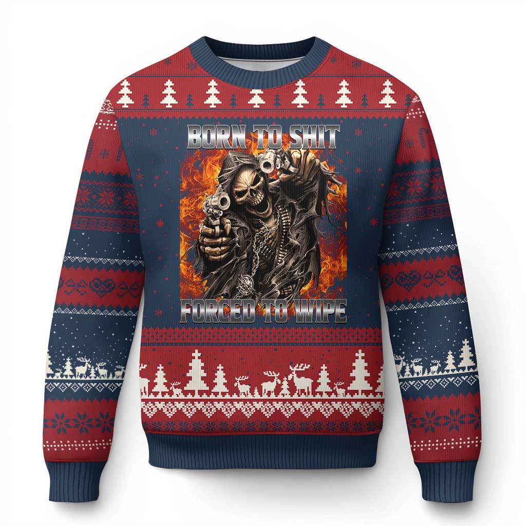 Funny Evil Skeleton Meme Ugly Christmas Sweater Born to Shit Forced to Wipe - Wonder Print Shop