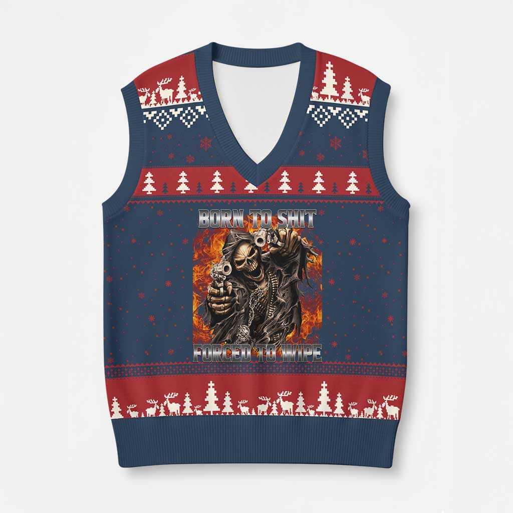 Funny Evil Skeleton Meme V-Neck Knit Sweater Vest Born to Shit Forced to Wipe - Wonder Print Shop