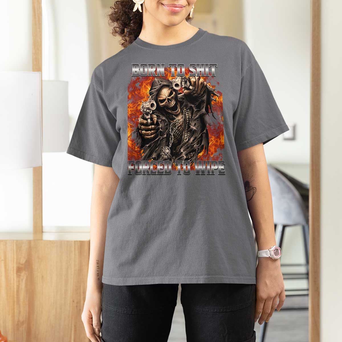 Funny Evil Skeleton Meme T Shirt For Women Born to Shit Forced to Wipe - Wonder Print Shop