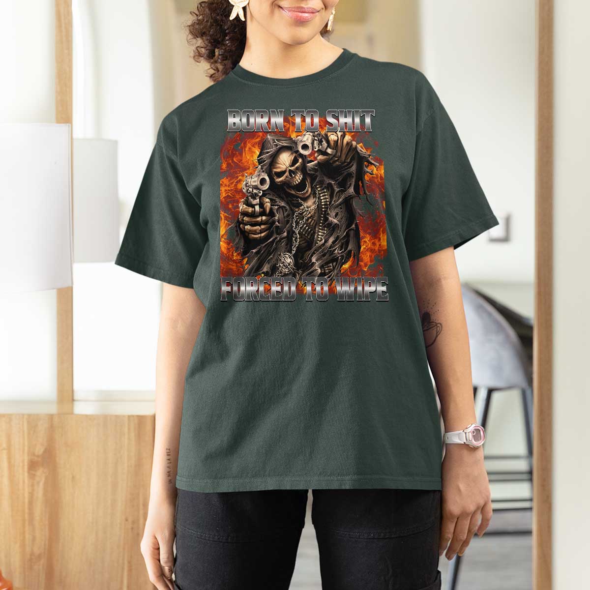 Funny Evil Skeleton Meme T Shirt For Women Born to Shit Forced to Wipe - Wonder Print Shop