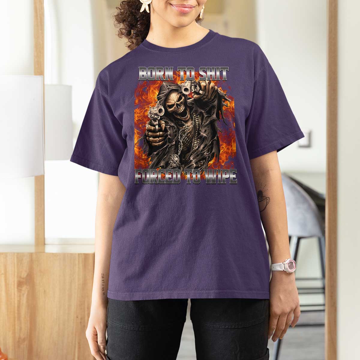 Funny Evil Skeleton Meme T Shirt For Women Born to Shit Forced to Wipe - Wonder Print Shop