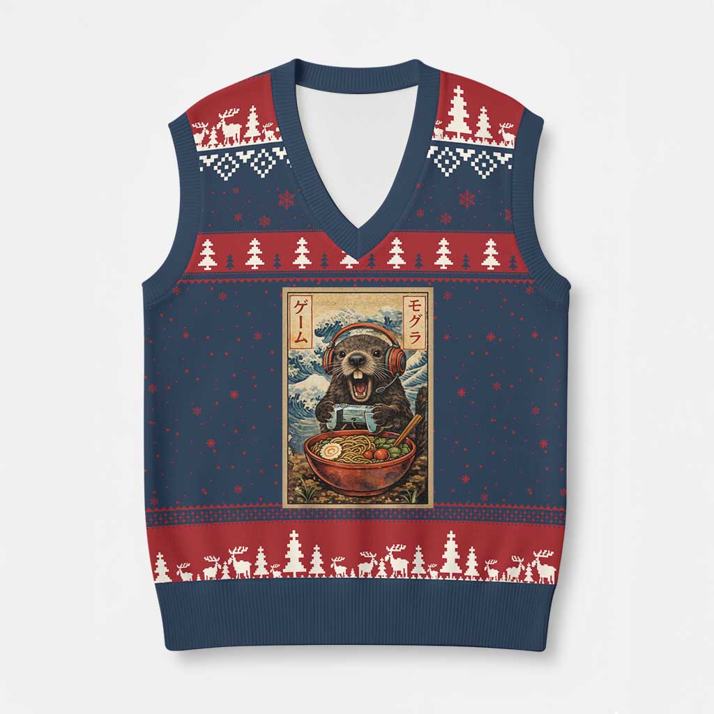 Cute Kawaii Gamer Groundhog V-Neck Knit Sweater Vest Funny Japanese Ramen Anime Otaku Fan Gift - Wonder Print Shop
