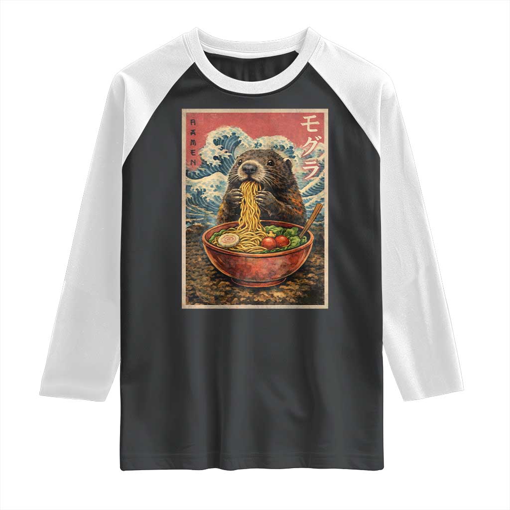 Japanese Groundhog Ramen Noodles Raglan Shirt Funny Kawaii Anime - Wonder Print Shop