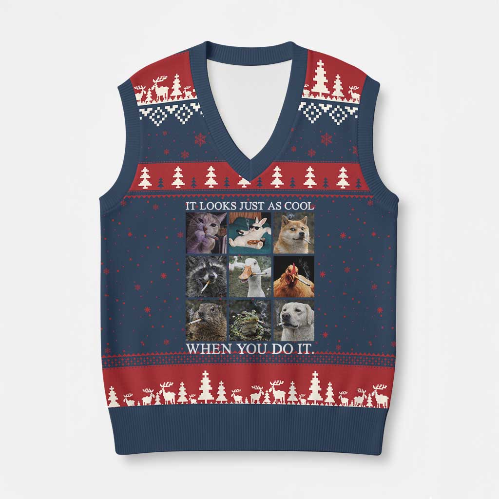 Animals Smoking Cigarettes Meme V-Neck Knit Sweater Vest It Looks Just as Cool When You Do It - Wonder Print Shop