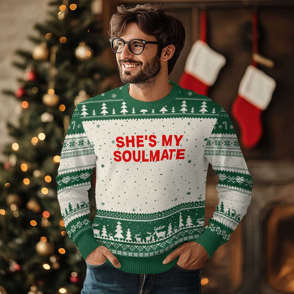 Funny Couple Matching Ugly Christmas Sweater She's My Soulmate I Don't Know Him Couples - Wonder Print Shop