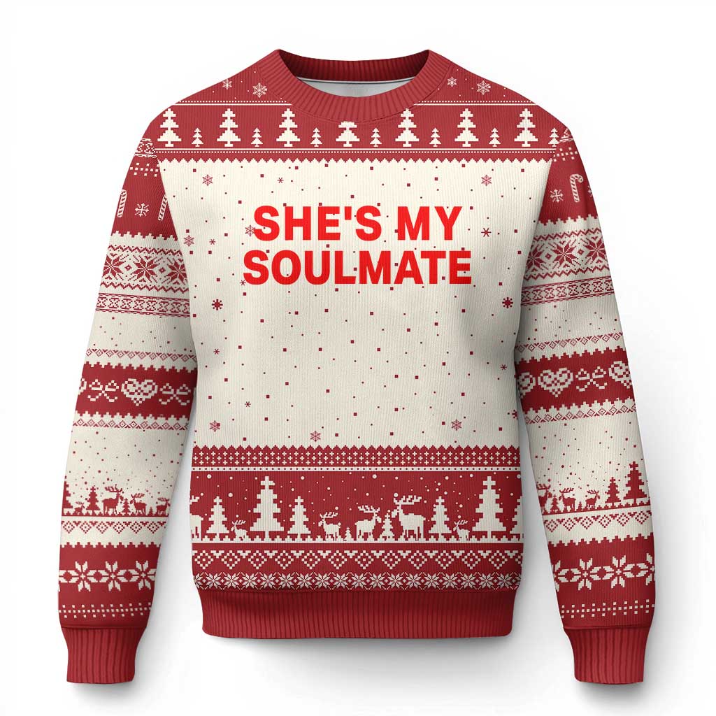 Funny Couple Matching Ugly Christmas Sweater She's My Soulmate I Don't Know Him Couples - Wonder Print Shop