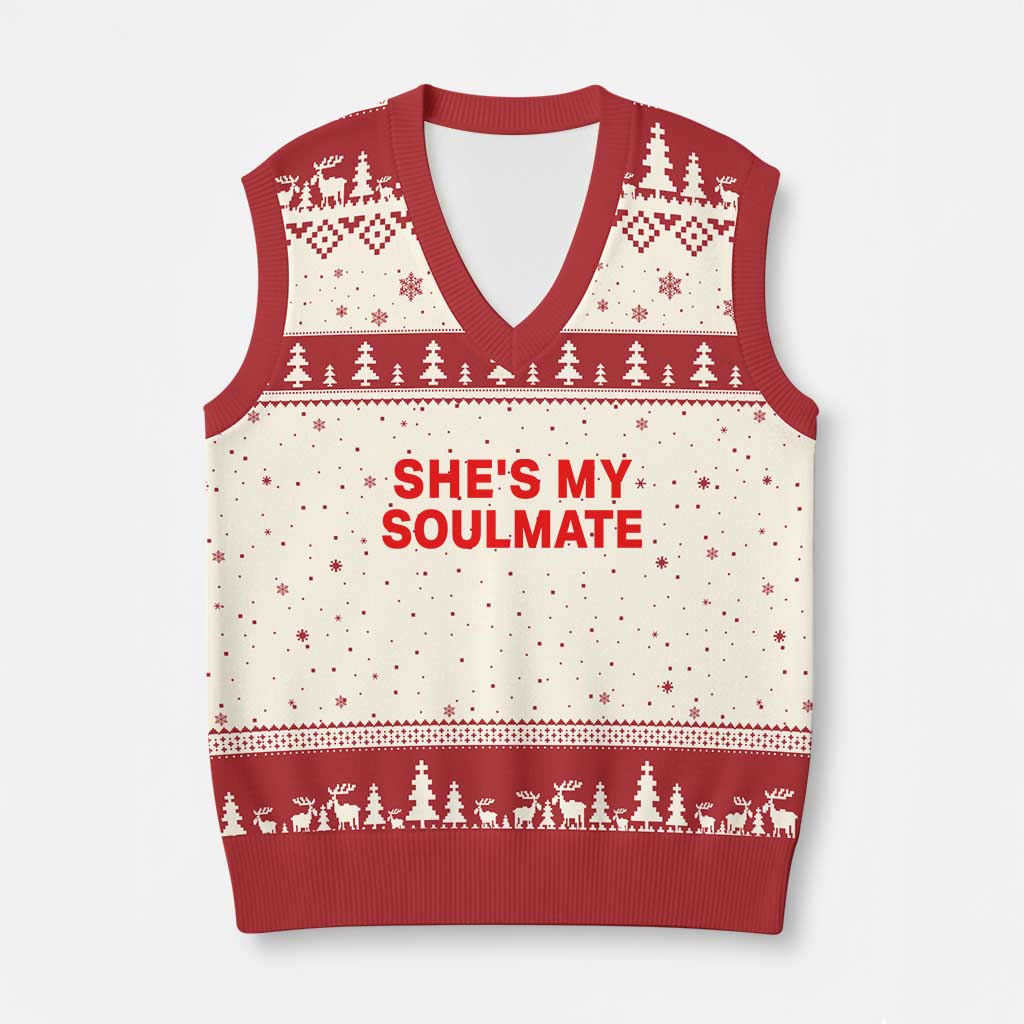 Funny Couple Matching V-Neck Knit Sweater Vest She's My Soulmate I Don't Know Him Couples - Wonder Print Shop