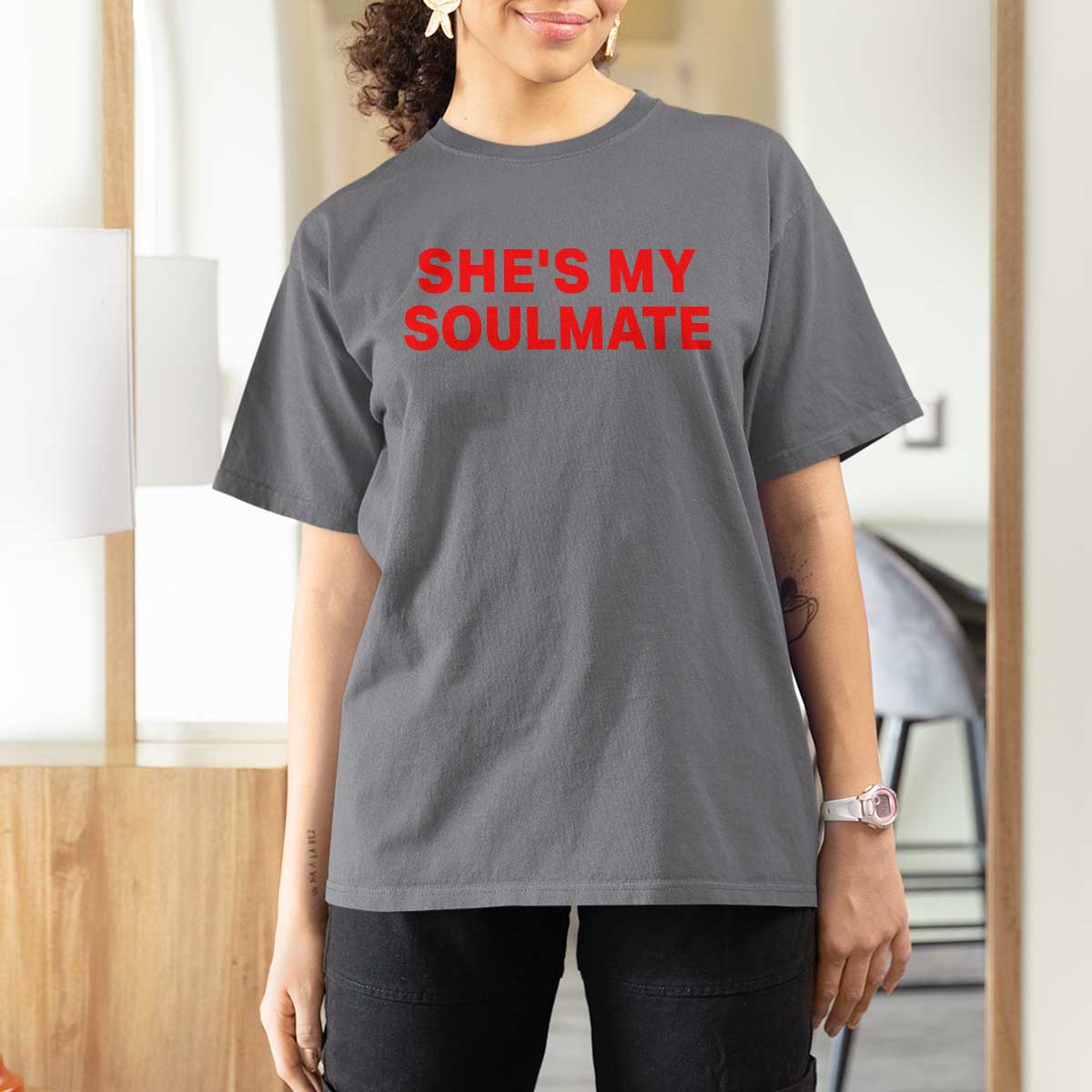 Funny Couple Matching T Shirt For Women She's My Soulmate I Don't Know Him Couples - Wonder Print Shop