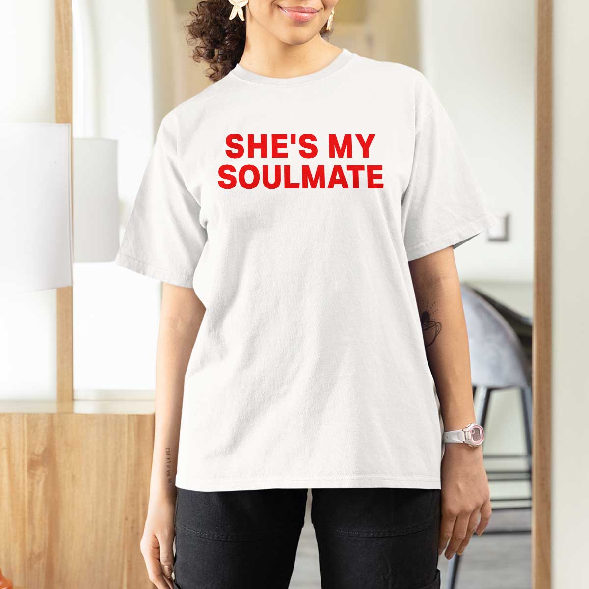 Funny Couple Matching T Shirt For Women She's My Soulmate I Don't Know Him Couples - Wonder Print Shop