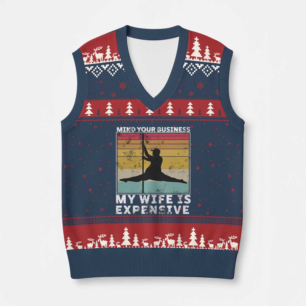 Sarcastic Husband V-Neck Knit Sweater Vest Retro Mind Your Business My Wife Is Expensive - Wonder Print Shop