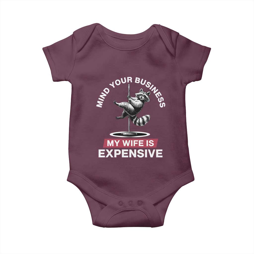 Sarcastic Husband Baby Onesie Mind Your Business My Wife Is Expensive Raccoon - Wonder Print Shop