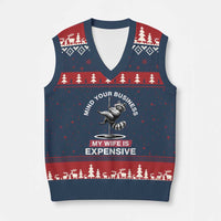 Sarcastic Husband V-Neck Knit Sweater Vest Mind Your Business My Wife Is Expensive Raccoon - Wonder Print Shop