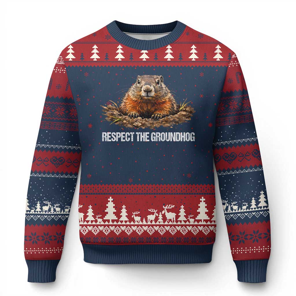 Respect The Groundhog Ugly Christmas Sweater Funny Woodchuck - Wonder Print Shop