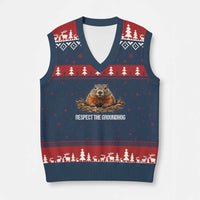 Respect The Groundhog V-Neck Knit Sweater Vest Funny Woodchuck - Wonder Print Shop