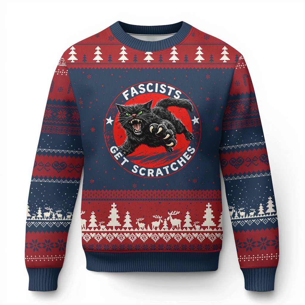 Vintage Black Cat Against Fascists Ugly Christmas Sweater