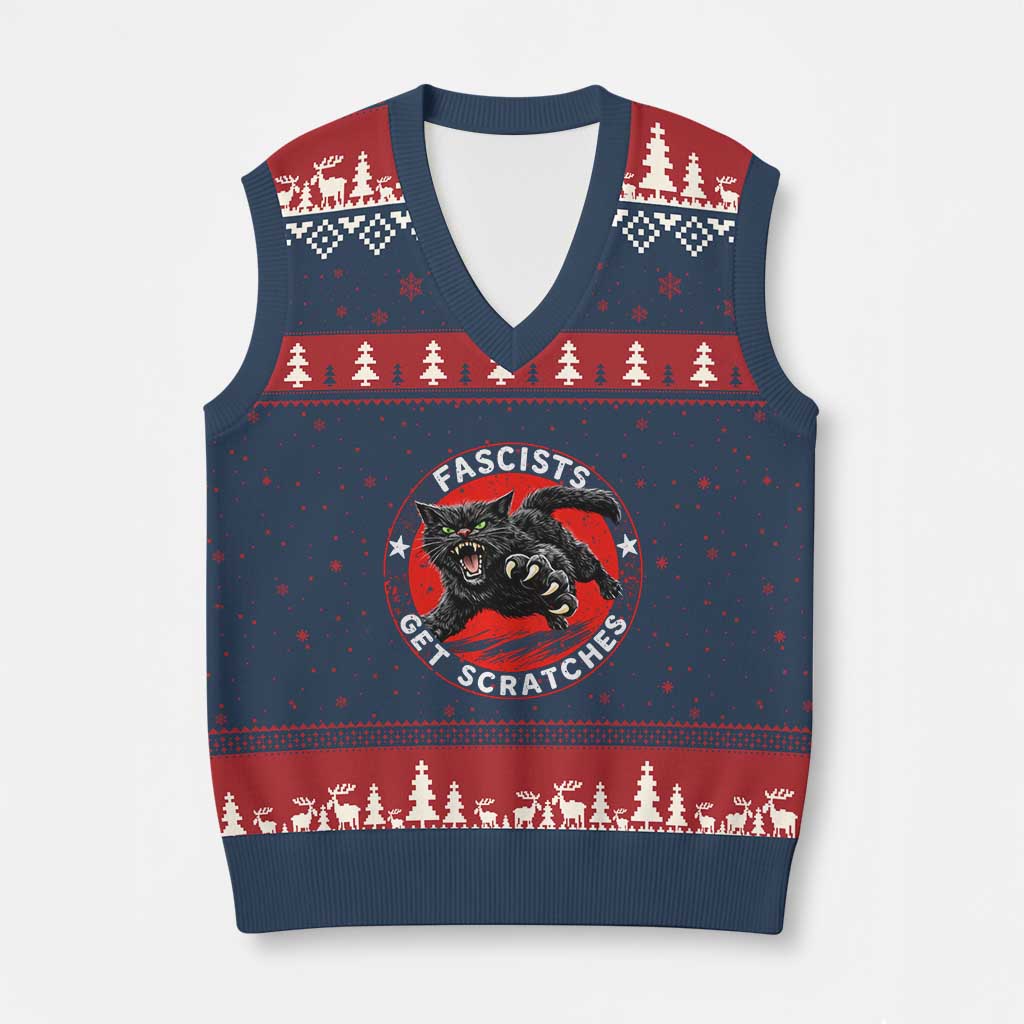Vintage Black Cat Against Fascists V-Neck Knit Sweater Vest
