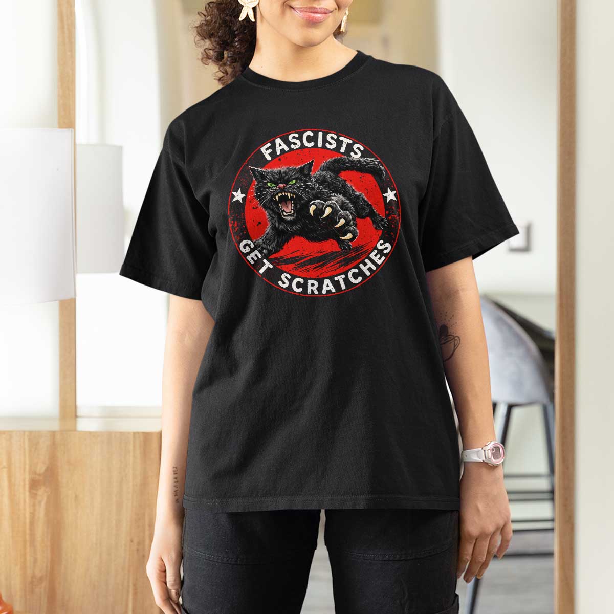 Vintage Black Cat Against Fascists T Shirt For Women