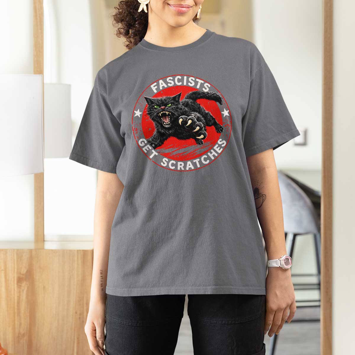 Vintage Black Cat Against Fascists T Shirt For Women
