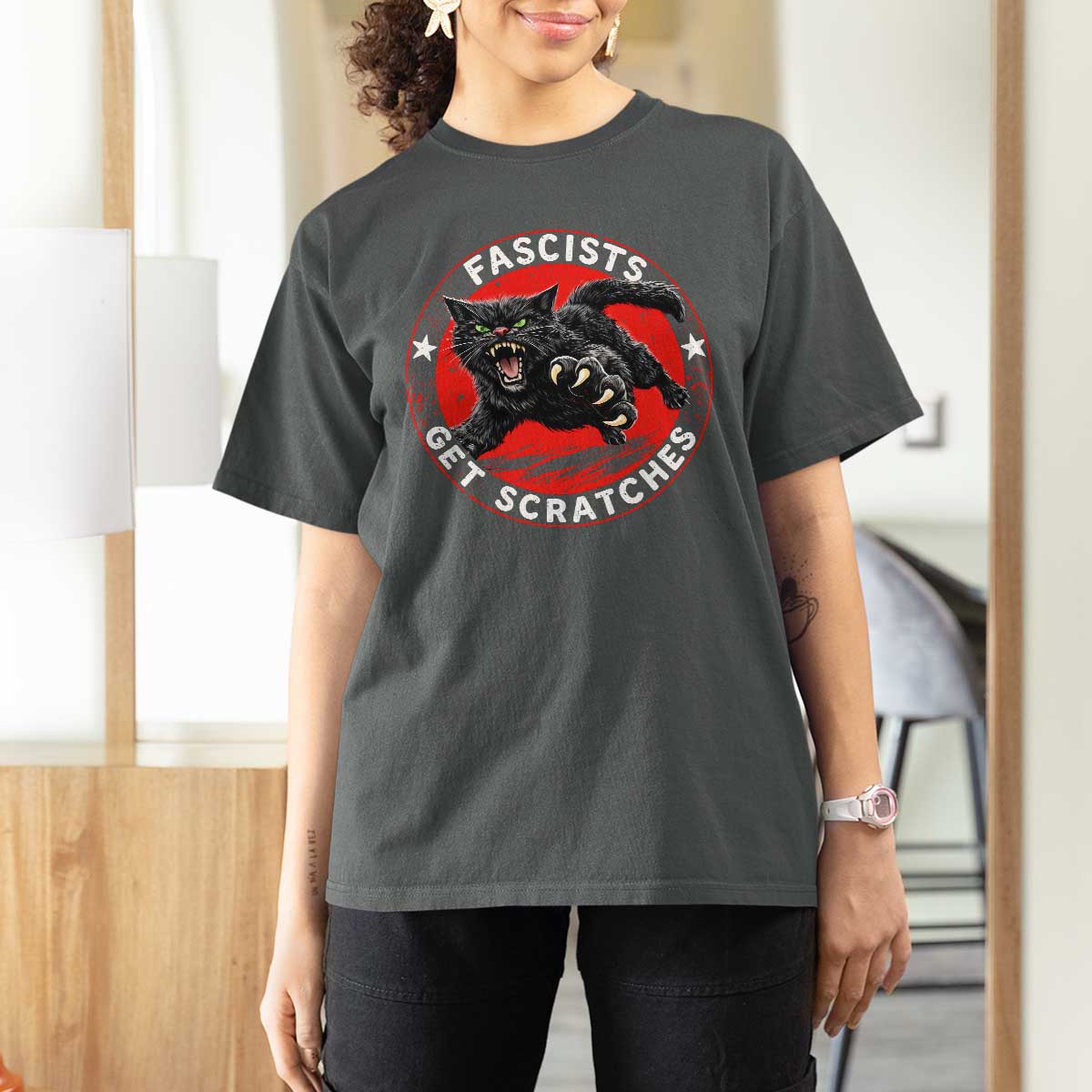 Vintage Black Cat Against Fascists T Shirt For Women