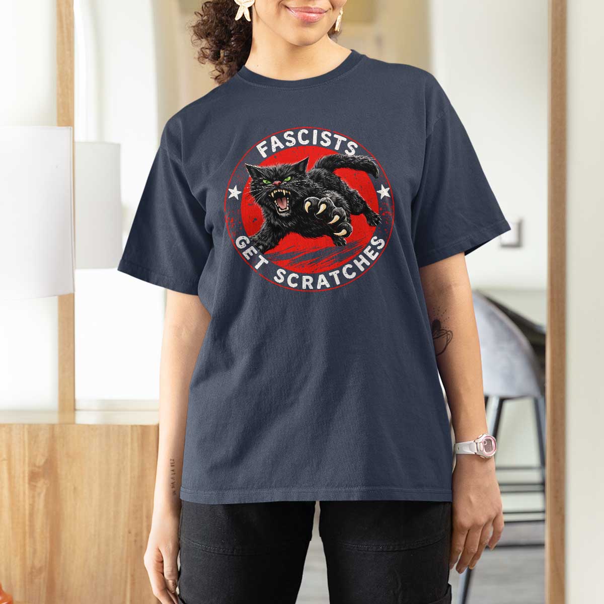 Vintage Black Cat Against Fascists T Shirt For Women