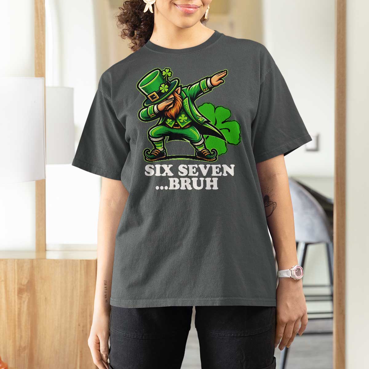St Patricks Day Six Seven Bruh T Shirt For Women Leprechaun 67 Meme Irish Ireland Lucky Shamrocks