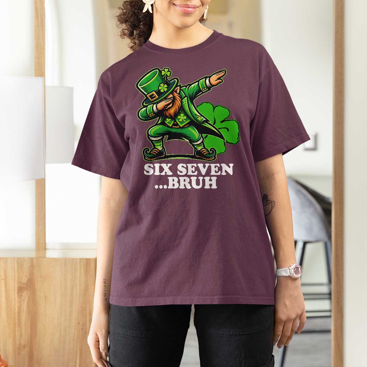 St Patricks Day Six Seven Bruh T Shirt For Women Leprechaun 67 Meme Irish Ireland Lucky Shamrocks
