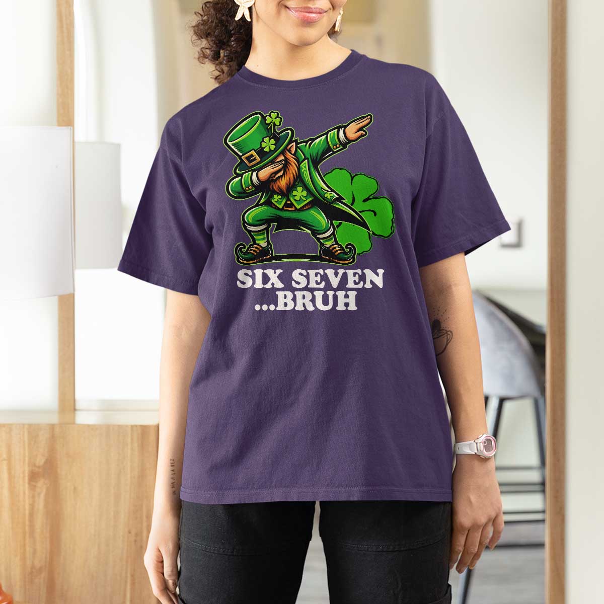 St Patricks Day Six Seven Bruh T Shirt For Women Leprechaun 67 Meme Irish Ireland Lucky Shamrocks