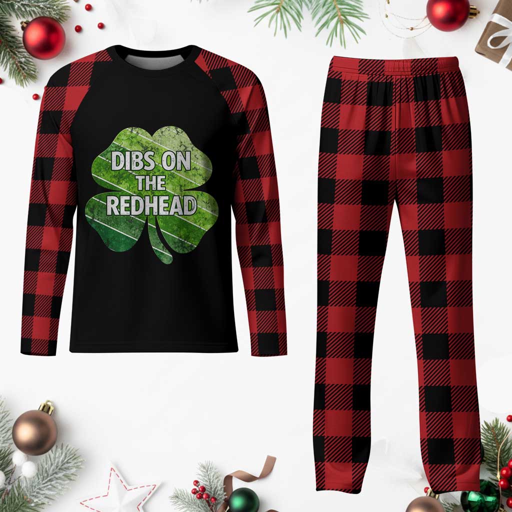 Funny Irish St Patricks Day Dibs On The Redhead Plaid Pajama Set Retro Vintage Lucky Shamrock