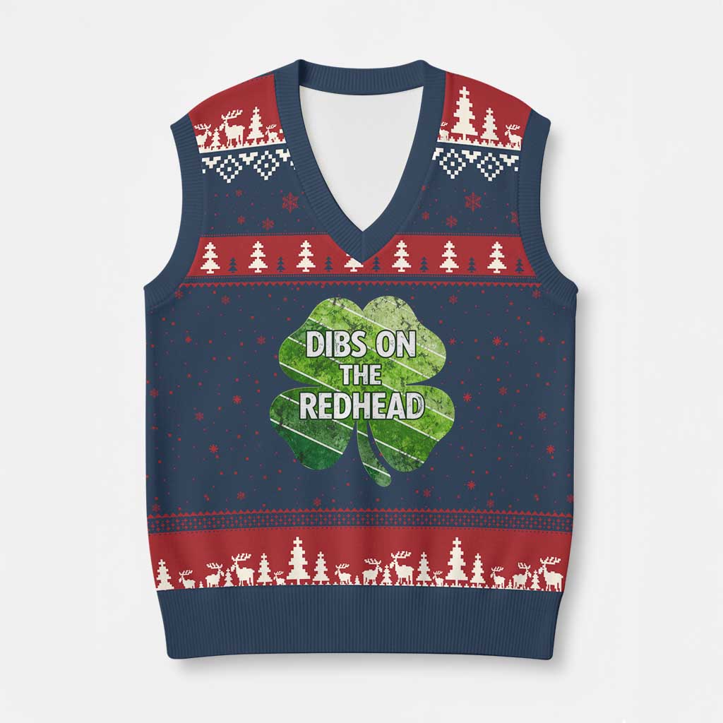 Funny Irish St Patricks Day Dibs On The Redhead V-Neck Knit Sweater Vest Retro Vintage Lucky Shamrock