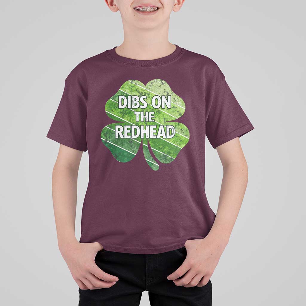 Funny Irish St Patricks Day Dibs On The Redhead T Shirt For Kid Retro Vintage Lucky Shamrock