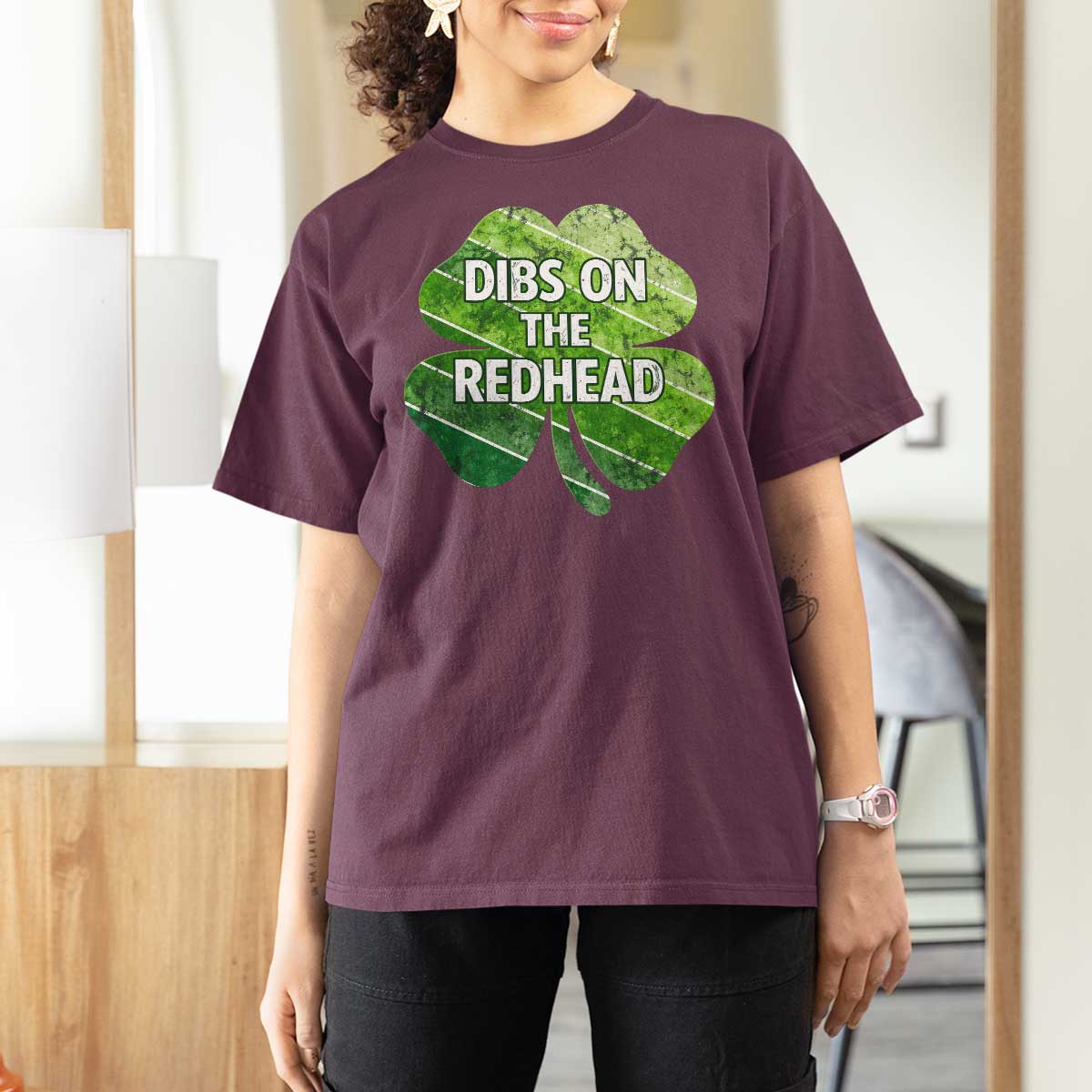 Funny Irish St Patricks Day Dibs On The Redhead T Shirt For Women Retro Vintage Lucky Shamrock