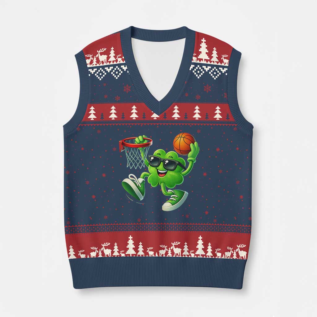 Basketball St Patricks Day V-Neck Knit Sweater Vest Cute Irish Shamrock Playing Basketball Player Team Boys