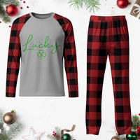 Lucky Irish Shamrock Plaid Pajama Set St Patricks Day Letter Print Lightweight
