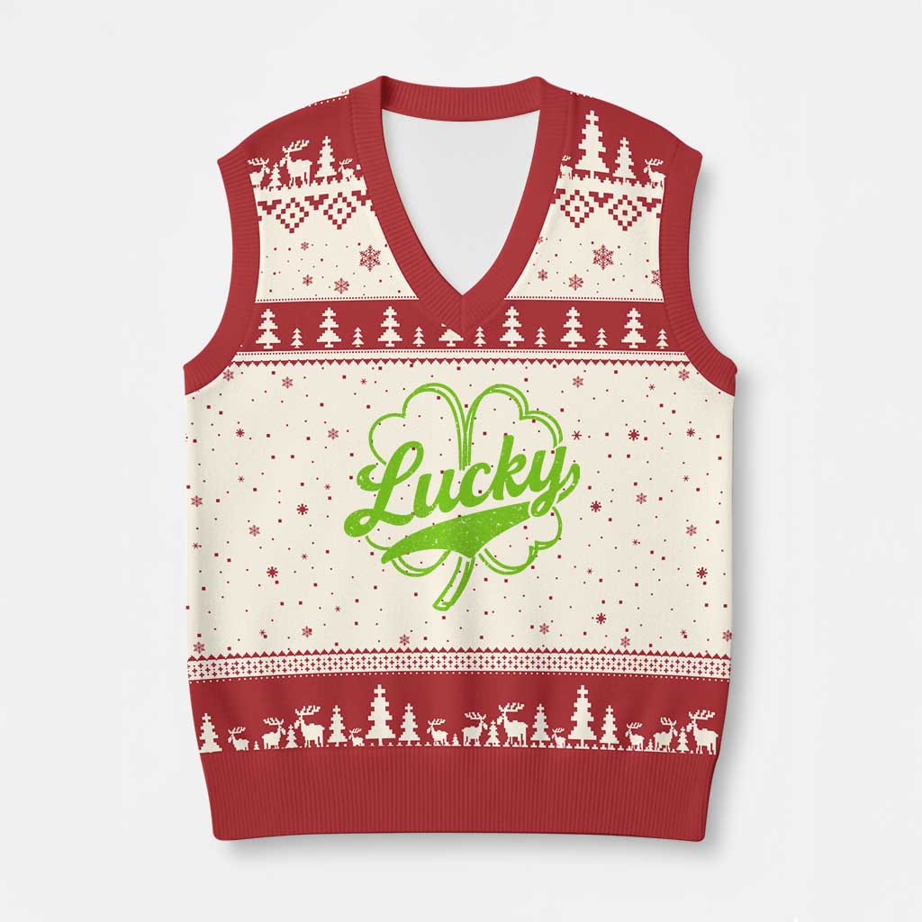 Vintage Lucky Shamrock V-Neck Knit Sweater Vest Irish St Patricks Day