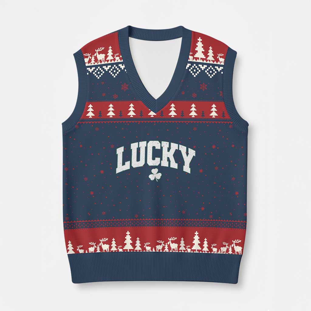 Retro Lucky V-Neck Knit Sweater Vest St Patricks Day Irish Shamrock Varsity