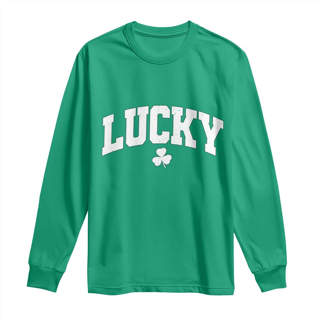 Retro Lucky Long Sleeve Shirt St Patricks Day Irish Shamrock Varsity