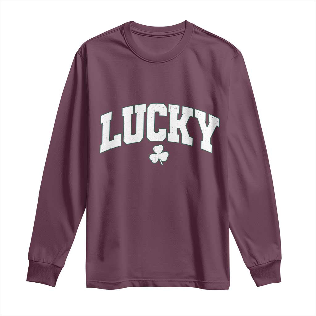 Retro Lucky Long Sleeve Shirt St Patricks Day Irish Shamrock Varsity
