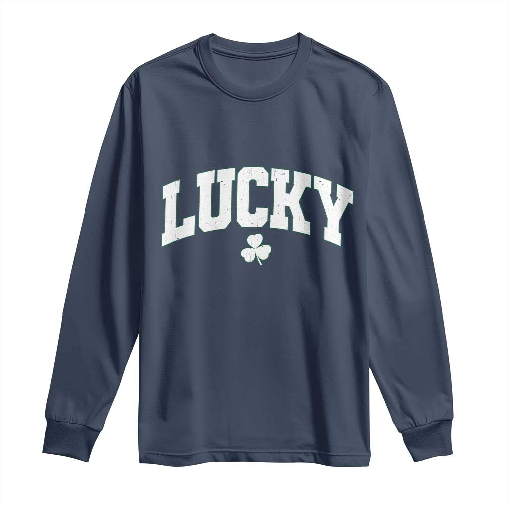 Retro Lucky Long Sleeve Shirt St Patricks Day Irish Shamrock Varsity