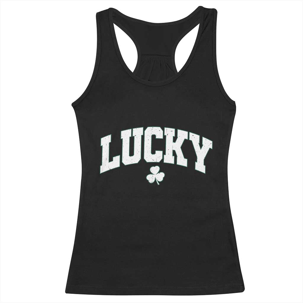 Retro Lucky Racerback Tank Top St Patricks Day Irish Shamrock Varsity