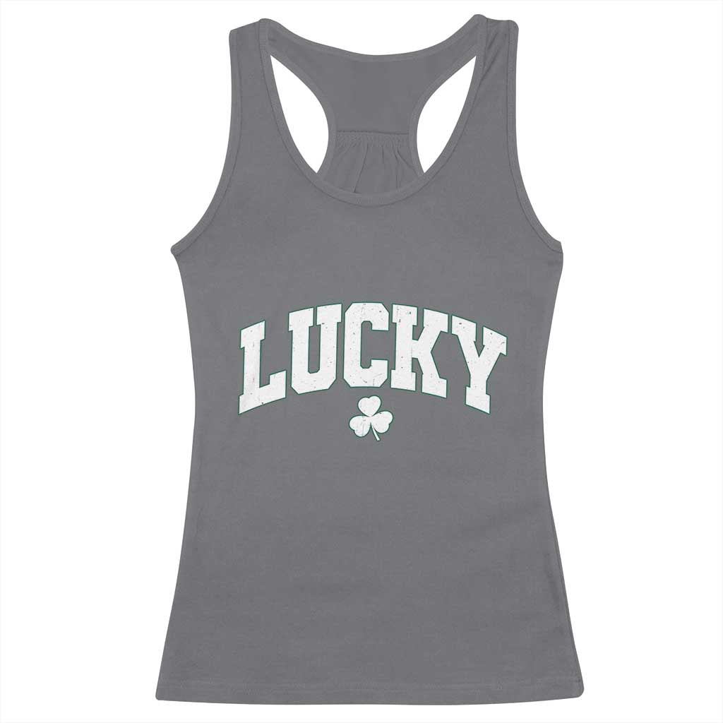 Retro Lucky Racerback Tank Top St Patricks Day Irish Shamrock Varsity