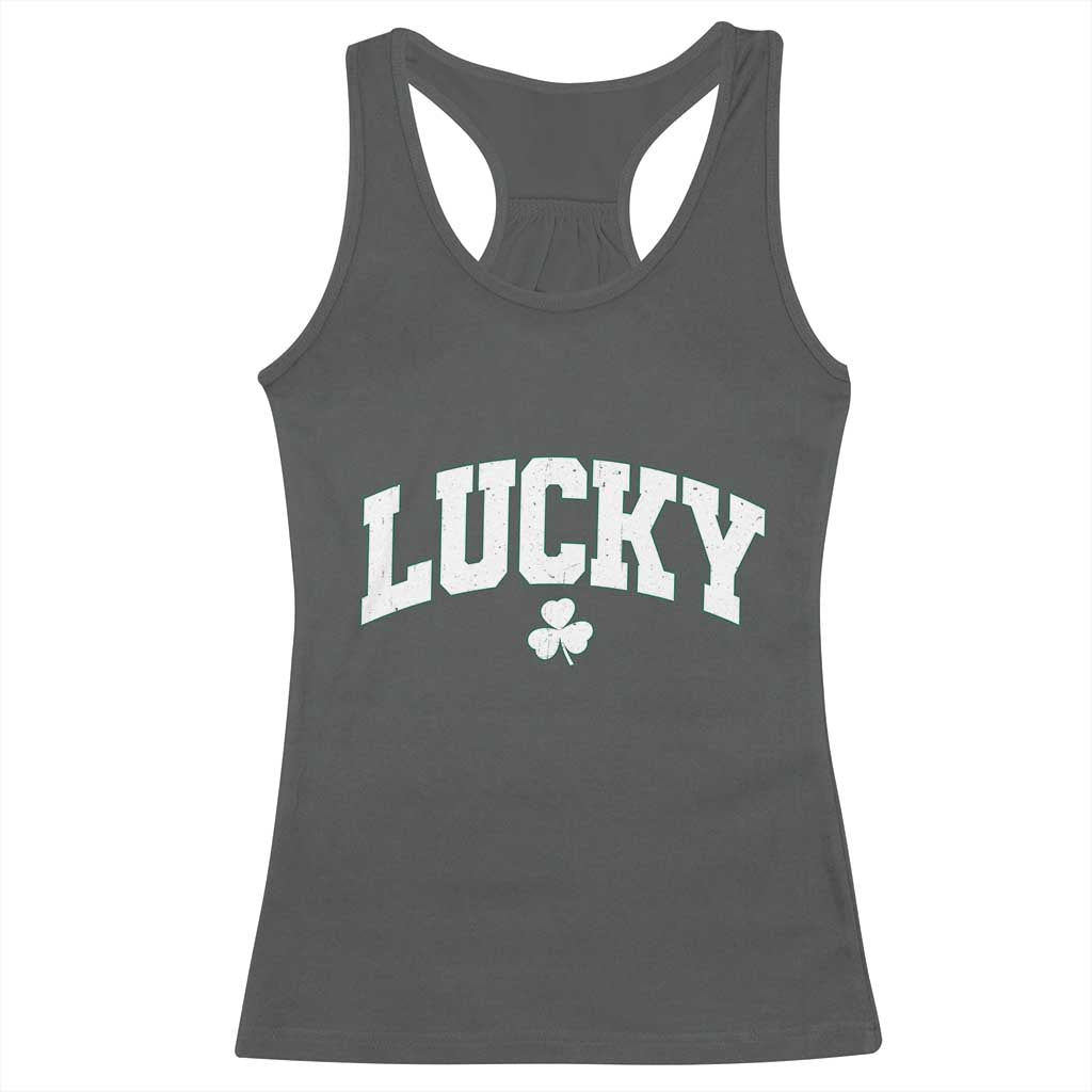 Retro Lucky Racerback Tank Top St Patricks Day Irish Shamrock Varsity