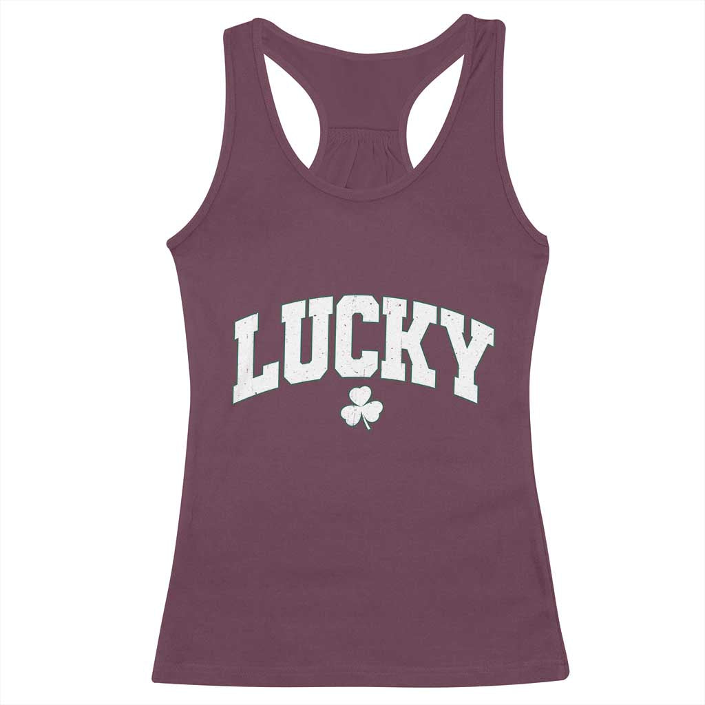 Retro Lucky Racerback Tank Top St Patricks Day Irish Shamrock Varsity