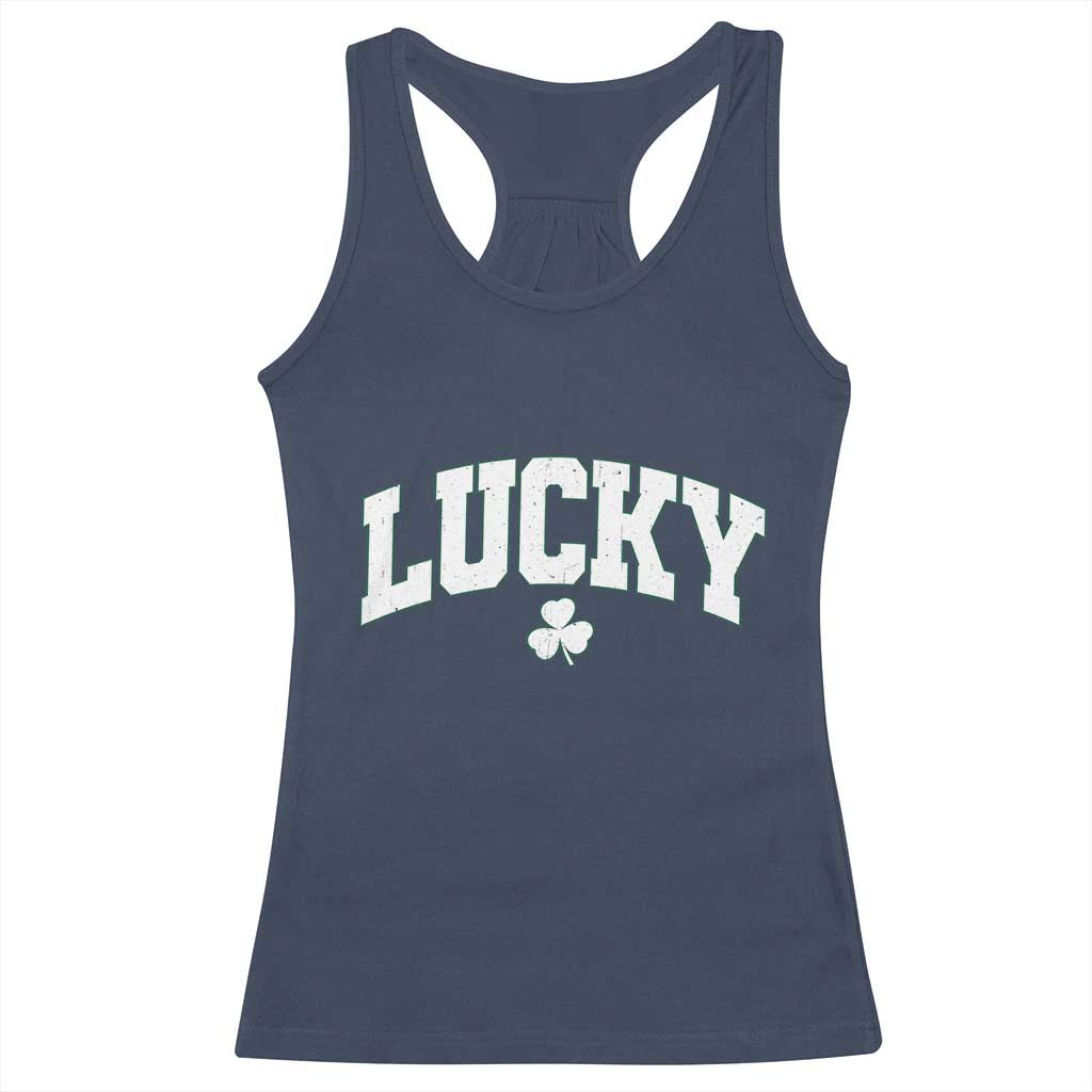 Retro Lucky Racerback Tank Top St Patricks Day Irish Shamrock Varsity