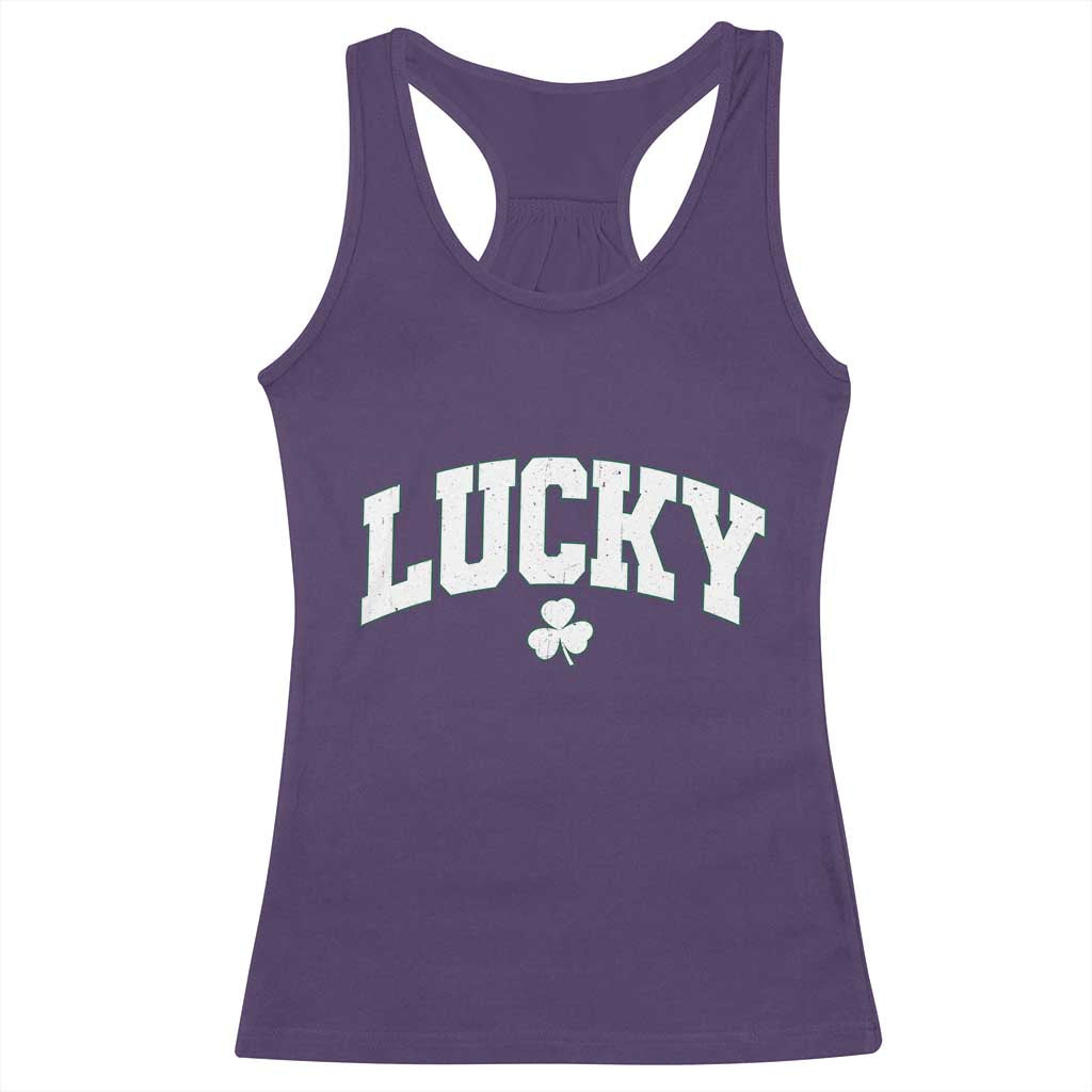 Retro Lucky Racerback Tank Top St Patricks Day Irish Shamrock Varsity