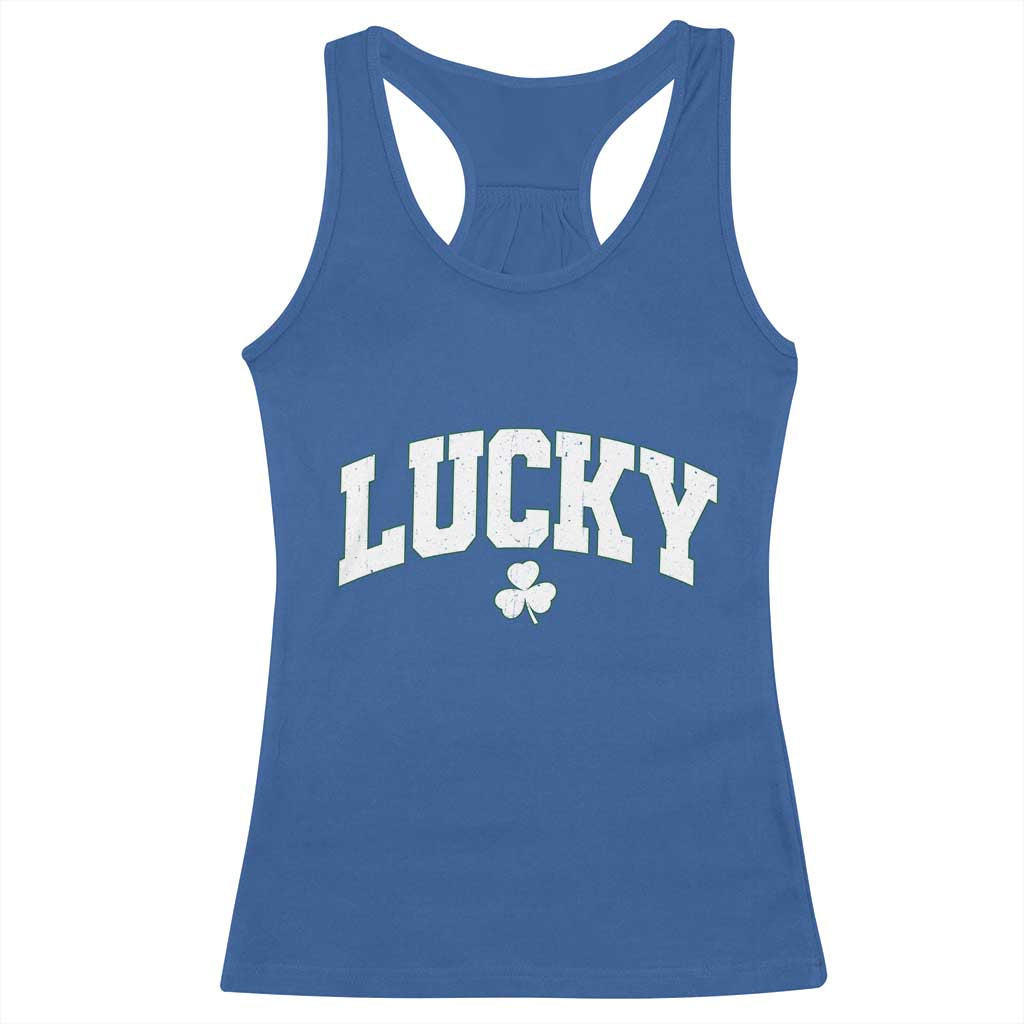 Retro Lucky Racerback Tank Top St Patricks Day Irish Shamrock Varsity