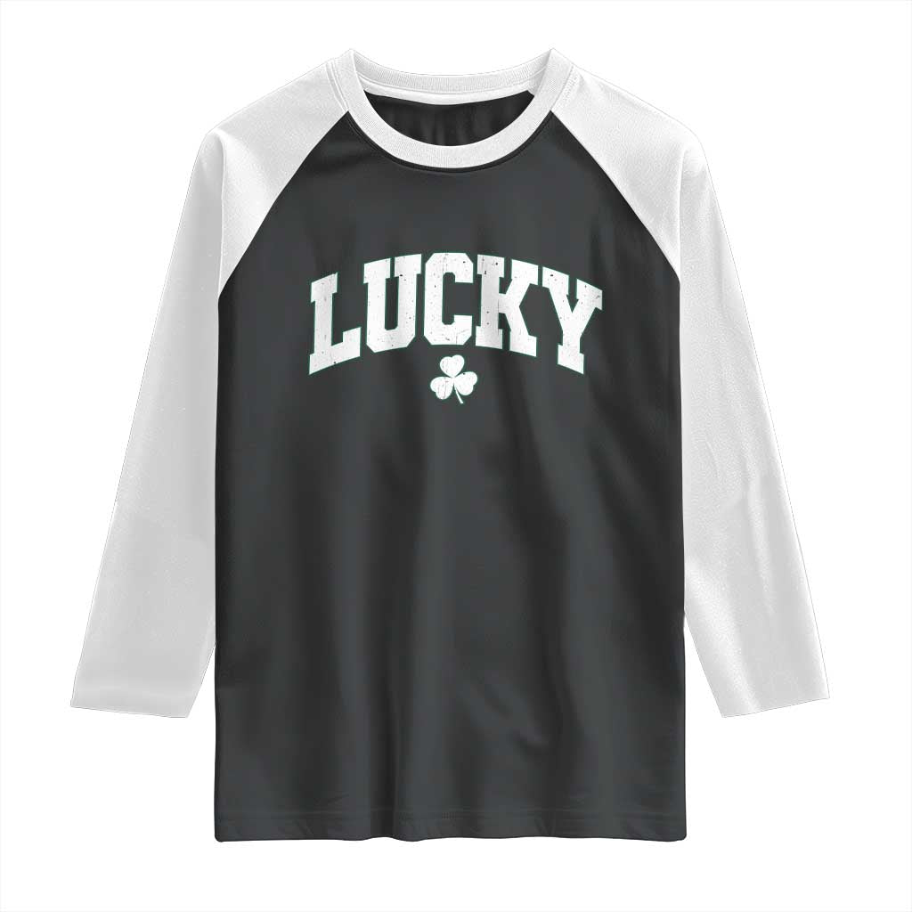 Retro Lucky Raglan Shirt St Patricks Day Irish Shamrock Varsity