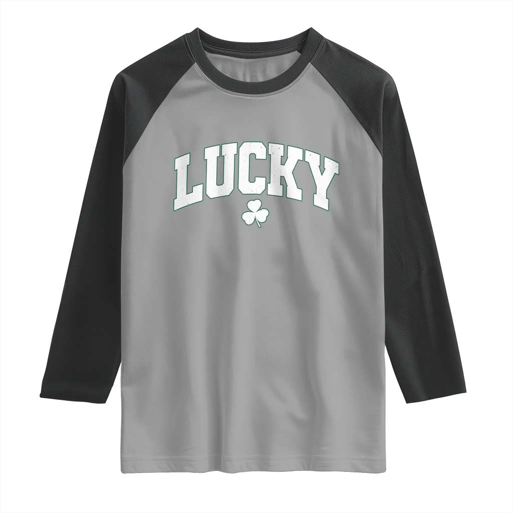 Retro Lucky Raglan Shirt St Patricks Day Irish Shamrock Varsity